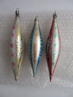 3 Polish Glass Icicle Christmas Ornament Hand Painted Silver Glitter Vintage